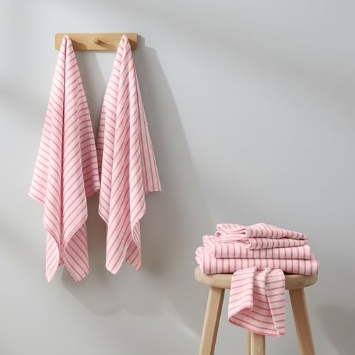 Image of Cortina Stripe Printed Towels for Bath (70 x 140 cm) 380 GSM Microfiber, Ultra Soft, Highly Absorbent & Quick Dry for Gym, Beach & Bathroom Towels for Men, Women & Kids (Pink Small Stripe)