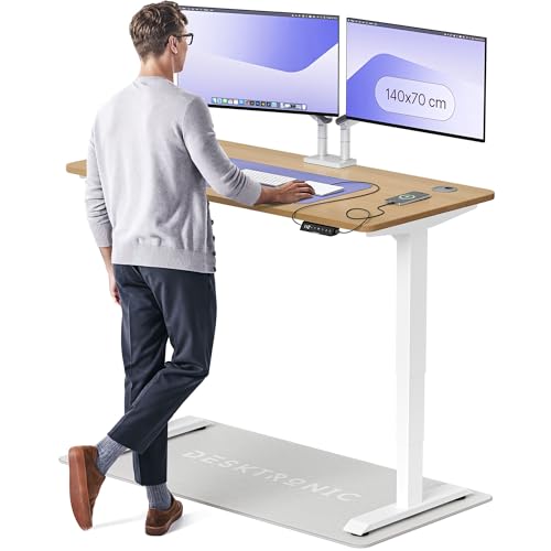 Desktronic Höhenverstellbarer Schreibtisch aus massivem Eichenholz (140x70cm) – Elektrisch höhenverstellbar mit flüsterleisem Dual-Motor & Touchscreen – Hohe Tragfähigkeit – Stehtisch HomePro