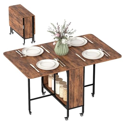 HOMCOM Mobile Drop Leaf Table Folding Kitchen Table Extendable Dining Table For Small Spaces With 6 Wheels & Storage Shelf Rustic Brown