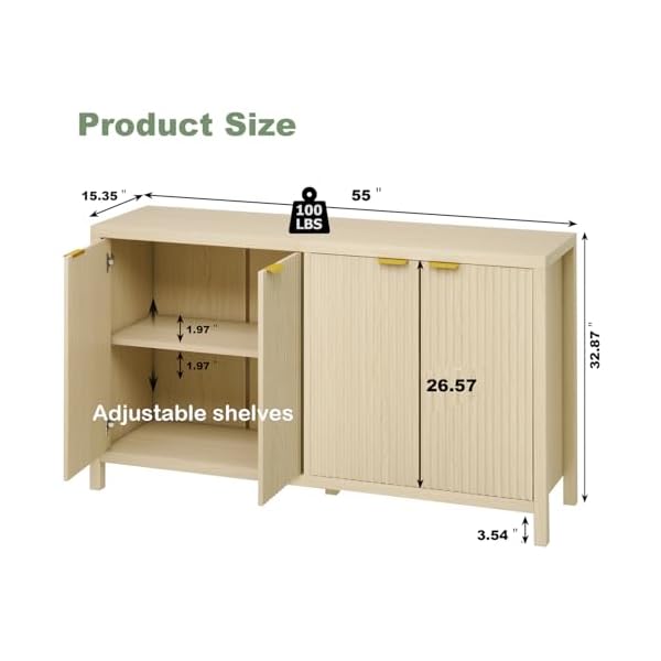 Linlux fluted storage cabinet sideboard buffet cabinet with storage accent cabinet with 4 doors for kitchen entryway dining room living room oak  urban country home decor