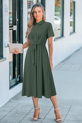 Image of Newshows Women's Work Business Casual Outfits Tie Waist Midi Shirt Dress | Lightweight & Breathable Easy-care Fabric, Side Pockets, Decent Professional Attire, Church Office Funeral Outfits