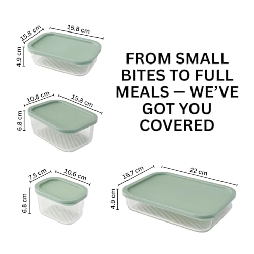 Image of Femora Borosilicate Glass Food Storage Containers with Lids Set of 6 (310ml x2, 520ml x2, 750ml, 1200ml | Rectangular, Airtight & Leakproof | Microwave & Dishwasher Safe | Green