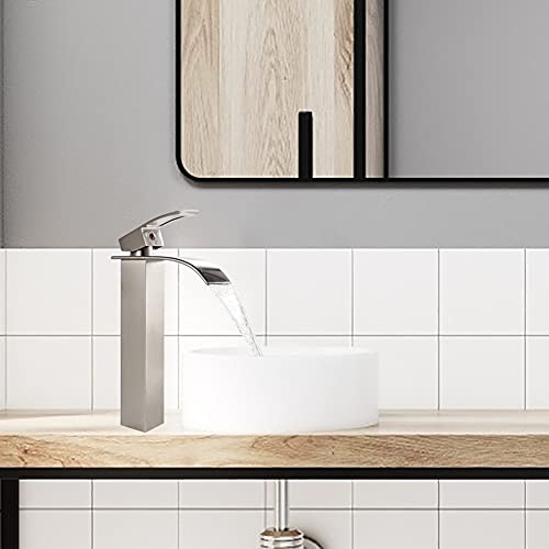 Voton Tall Bathroom Vessel Faucet Brushed Nickel Faucet For Bathroom Sink Waterfall Bathroom Faucet Single Handle One Hole Vanity Sink Faucet With Pop-Up Drain #TOP1