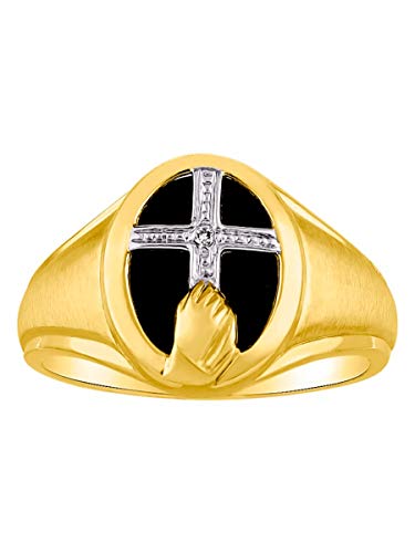 Image of Rylos Unisex Sterling Silver or Yellow Gold Plated Silver Religious Cross Prayer Ring with Diamonds and Black Onyx - Deigner Jewelry in Sizes 8-13