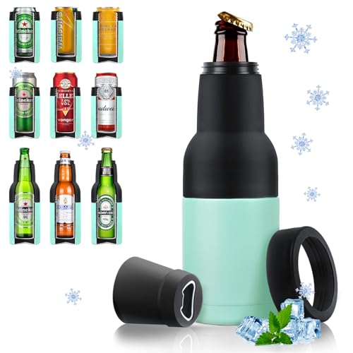 Stepstall 12 oz. Can Cooler Insulator Beer Bottle Holder w/Beer Opener, 4-in-1 Design Slim Can Beer Bottle Cooler, Double Walled Stainless Steel Insulated, Beer Gifts for Men Boys Father(Mint Green)