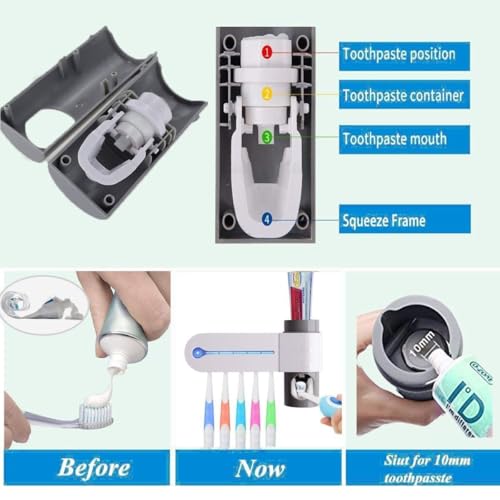 Image of JERN Plastic UV Toothbrush Holder Toothpaste Dispenser Wall Mounted Toothbrush Holder & Automatic Toothpaste Holder with 5 uv Toothbrush sanitizer Holder UV Toothbrush Cleaner Pump,White