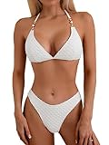 swimall Women's Triangle Bikini Set Cheeky High Cut Sexy Two Piece Swimsuit Cute Halter Bathing Suit - White - Small