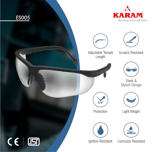 Image of Karam ES005 Safety Goggles with Transparent Lens | Scratch & Impact Resistant | Safety Glasses for Multipurpose Use for Pollution, Dust, Riding & Construction Work