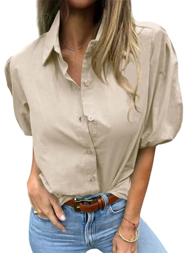 Image of Tankaneo Women's Button Down Shirts Short Puff Sleeve Collared Dressy Casual Blouse Tops