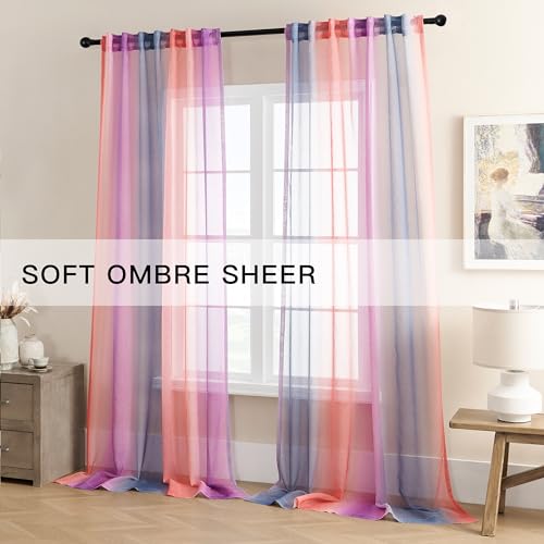 Image of XiDi Pink Green and Purple Sheer Curtains for Girls' Bedroom Decor,Rod Pocket Faux Linen Semi Voile Drapes,Ombre Window Pastel Curtains for Kids' Living Room,96 Inch Long 2 Panels