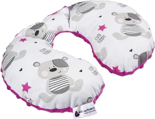 Medi Partners Almohada Cervical Coche Bebe cojin cuello niños cojín viaje - 100% Algodón/Minky Avion Neck Travel Pillow Almohadilla Cervicales Nino (Teddy con Minky rosa oscuro)