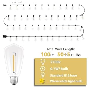 LED Outdoor String Lights 100Ft Waterproof Patio Lights with 55 Shatterproof ST38 Dimmable Edison Bulbs Dimmable Outdoor String Lights led for Porch Deck Garden Backyard Balcony Xmas 2700K