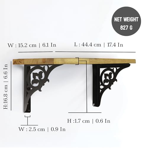 Image of Wall Shelf with Wooden Top Black|White Iron Brackets Storage Rack|Industrial Wall-Mounted Floating Shelf for Living Room,Kitchen,Bathroom (Black Single Floral Small)