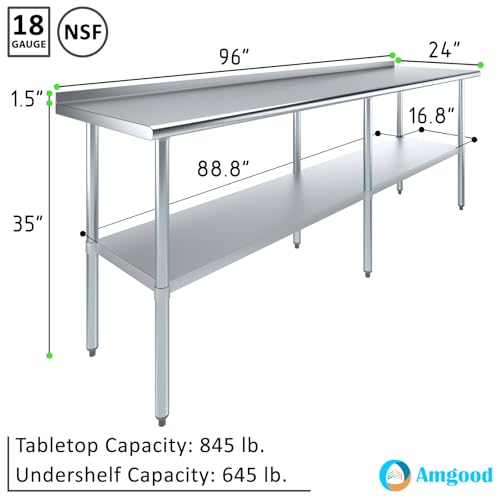Image of AmGood Stainless Steel Work Table | Metal Utility Table (96 inch Long x 24 inch Deep)