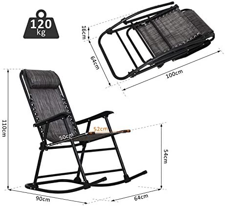 Outsunny Garden Rocking Chair Folding Outdoor Adjustable Rocker Zero-Gravity Seat with Headrest Camping Fishing Patio Deck - Grey
