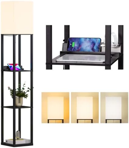 Meisoda Floor Lamp with Shelves, Standing Lamp with 3 Tiers Wooden Display Shelf 2 USB Ports 1 Power Outlet, 3 Color Temperature Dimmable LED Floor Lamps for Living Room, Bedroom and Office (Black)