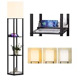 Meisoda Floor Lamp with Shelves, Standing Lamp with 3 Tiers Wooden Display Shelf 2 USB Ports 1 Power