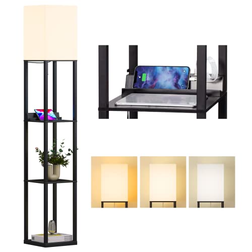 Meisoda Floor Lamp With Shelves, Standing Lamp With 3 Tiers Wooden Display Shelf 2 Usb Ports 1 Power Outlet, 3 Color Temperature Dimmable Led Floor Lamps For Living Room, Bedroom And Office (Black) #TOP26