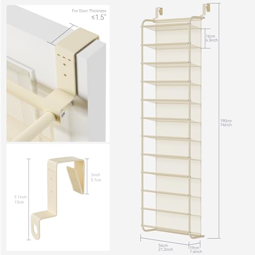 Image of Whitmor 36 Pair Over The Door Shoe Organizer, 12 Tier Hanging Shoe Organizer, Heavy Duty Metal & Mesh Shoe Holder, Hanging Shoe Rack for Closet Organizer & Storage, 74 inchH x 21.7 inchW x 7.5 inchD, Beige