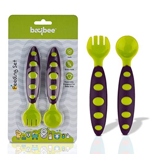 Image of Baybee Silicone Baby Feeding Spoons Set of 2 | Bpa Free- Food Grade Soft Silicone Tip Spoon & Fork Self Feeding Utensil | Baby & Toddlers Gum Friendly Weaning Supplies for Kids 1 Months+ (Green)