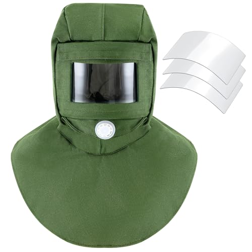 Jecery 4 Pack Sand Blasting Hood Mask with Replacement PC Lens Canvas Shawl Cap for Polishing Painting Dusting Grinding (Short,Green)
