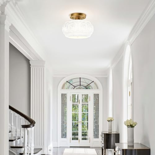 Image of Milk Glass Semi Flush Mount Ceiling Light Fixture, Vintage Gold