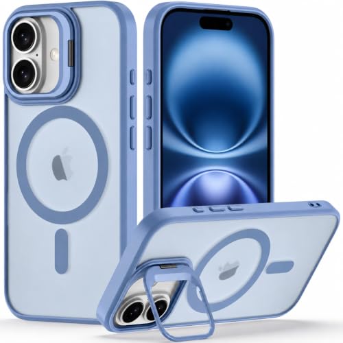 Image of Elzzi Kickstand Case for iPhone 16 Case Compatible with MagSafe, Built-in Adjustable Camera Guard Stand, Translucent Matte Anti-Fingerprint Heavy Duty Shockproof Phone Cover - Official Blue