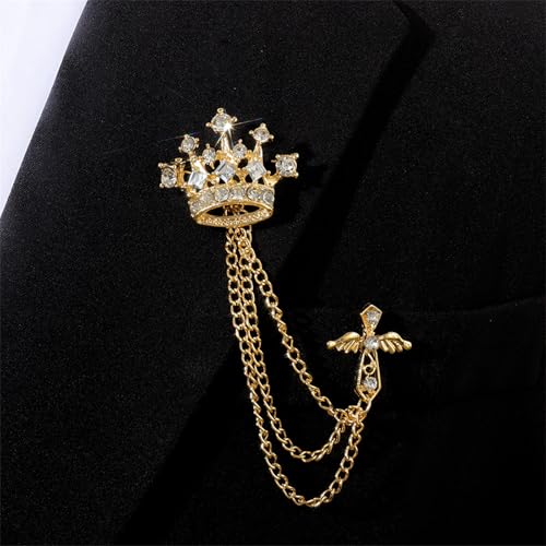 Image of coadipress Crown With Hanging Chain Brooch for Women Men Elegant Gentlemen Gold Silver Crystal Crown Lapel Pin Vintage Rhinestone Wedding Brooch Suit Shirt Pin Accessories
