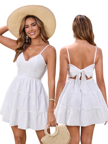 HTZMO Women Casual Summer Floral Mini Sundress V Neck Bow Tie Backless Ruffle Flowy Cute Boho Beach Short Dress