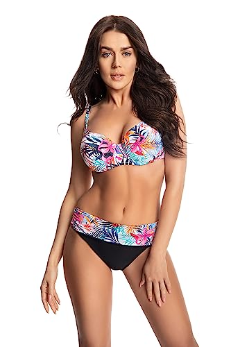 Selente My Secret Atractivo traje de baño (bikini/traje de baño) en tallas grandes (copa C a J Cup) con corte ventajoso, Bikini Negro Blanco Flores, 85C