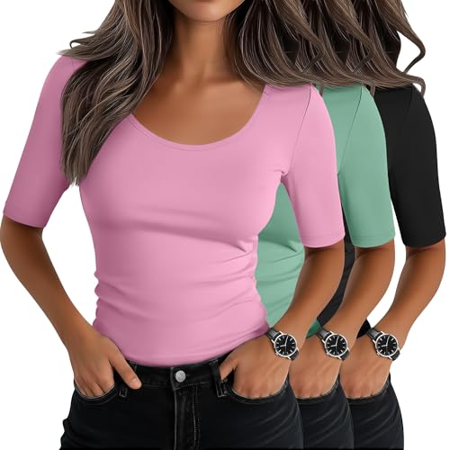 Tops femme grand col rond manches mi-longues slim fit en coton stretch