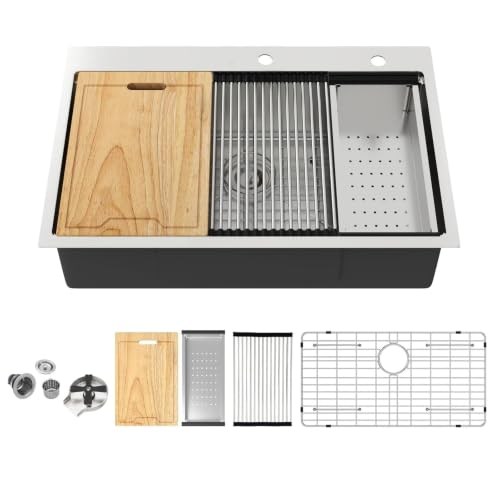 Image of Kichae 33 Kitchen Sink Drop In Workstation 16 Gauge Stainless Steel | 33 x 22 Kitchen Sink Ledge Workstation Topmount Drop-In Single Bowl Single Bowl With Glass Rinser