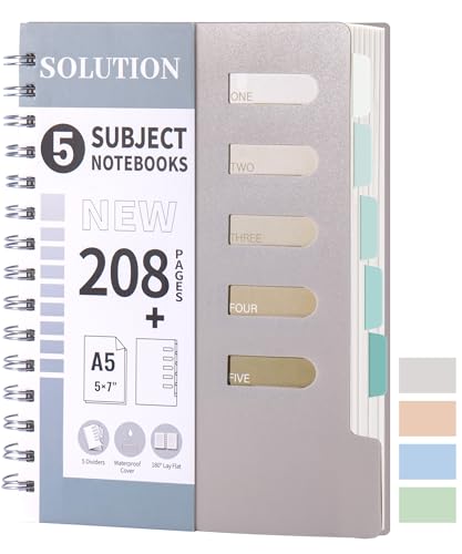 FLYING EAGLE Small Spiral Notebook 5x7 5 Subject Notebook College Ruled with Dividers Tabs Waterproof Plastic Cover Thick Paper Notebooks for Work School, Grey