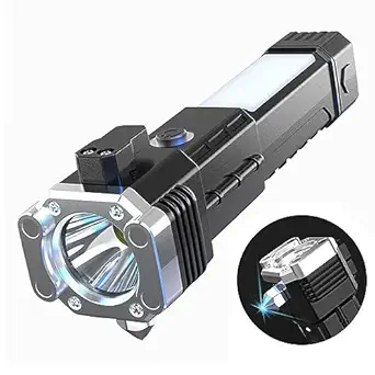 ROMINO Rechargeable LED Torch with Side Light, 3W Emergency Torchlight Portable Flashlight,Long Distance Beam Range Car Rescue Torch with Hammer Window Glass and Seat Belt Cutter Built (Multi)