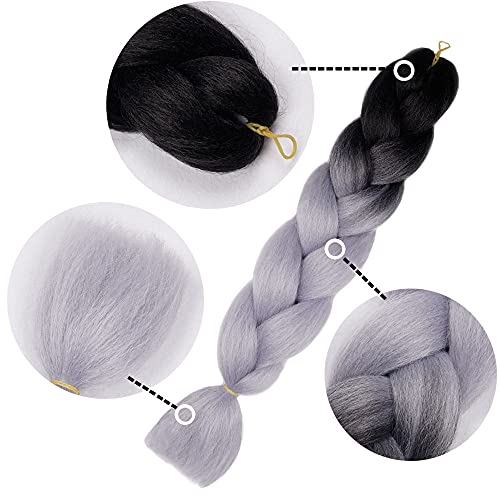 Aidusa Ombre Braiding Hair Gray Jumbo Braiding Hair Extensions 5Pcs Synthetic Braids 24 Inch 2 Tones Gray Hair For Box Braids Crochet Braids 100G (#28 Black To Grey) #TOP2