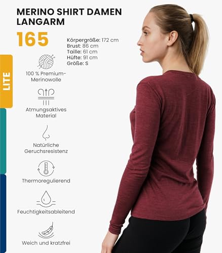 Merino.tech Merino Shirt Damen Langarm - Premium 100% Merino Unterwäsche Damen Langarmshirt, Sportunterhemden + Wollsocken (Large, 165 Burgundy)