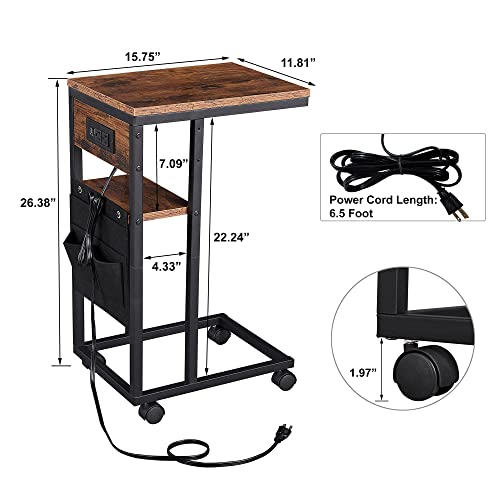 Yilfana C Shaped End Table With Charging Station, C Shaped Side Table With Storage And Lockable Wheels, C Table With Usb Ports & Power Outlets, For Living Room, Bedroom, Brown #TOP5