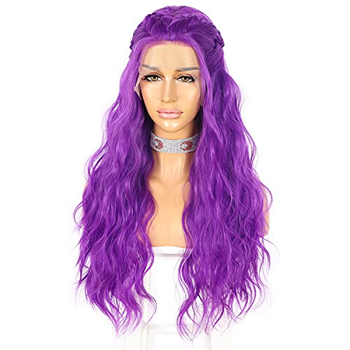 Wigoddess Purple Long Wavy Wig Daily Makeup Party Cosplay Wig Heat Resistant Hair 22 inch Purple Long Natural Wave Synthetic Lace Front Wig For Women
