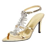 WJZDSJCO Strappy Heels for Women Stiletto High Heeled Sandals Fishbone Rhinestone Pointed Open Toe Sexy Dress Party Wedding Gladiator Heels