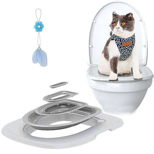 Cat Toilet Training Systems,Cat Toilet Training Kit,Reusable Plastic Cat Toilet Trainer for Pet Cleaning with 1 Replaceable Cat Feather Toy,Teach Cat to Use Toilet (White Tray,1 Gray Inner Support)