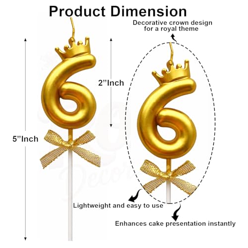 Image of Rozi Decoration Number 6 Birthday Candle for Cake with Crown Design | Gold Metallic Number Candle with Stick | Sixth Birthday Cake Topper for Baby, Kids and Party Celebration