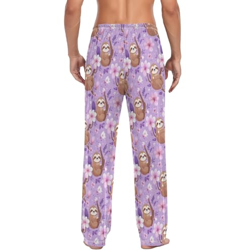 Men's Pajama Pants Purple Flowers Sloth Pajama Pants for Men PJs Bottoms Drawstring Pockets Sleep Lounge Pants S2