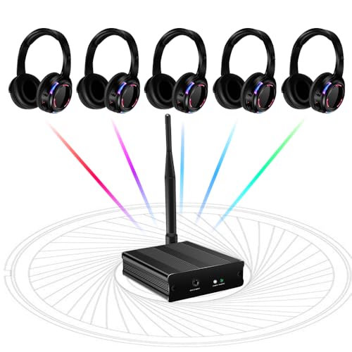 Image of JYSiptkird Professional Rechargeable 10 Hours RF Silent Disco Wireless Headphones for Parties Events Weddings Movies Clubbing 5 Headsets Bundel with 1 Transmitter 1600 Feet Distance