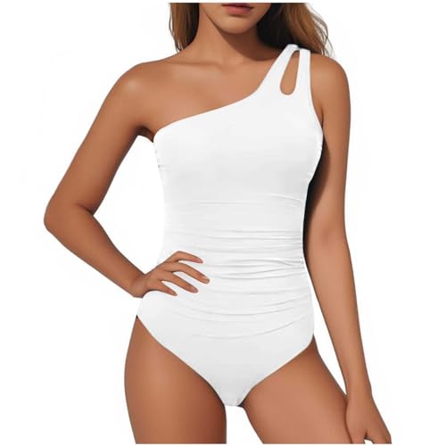 KUIH Women's One Piece Swimsuit One Shoulder Strap Sexy Swimwear Tummy Control Swimming Costume Ruched Monokinis Athletic Sports Bathing Suits Surfing Swimwear Beachwear White