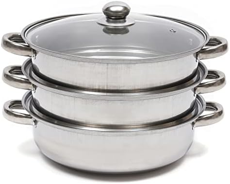 3 Tier Steamer Set 28cm Stainless Steel Food Steam Pots Cooker with Tempered Glass Lid