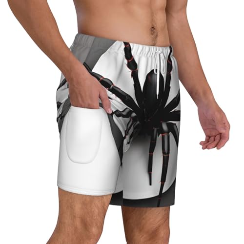 Men's Black Spider Print Quick-Dry Mesh Swim Trunks Stretch Lining Beach Shorts Surfing Summer Vacations