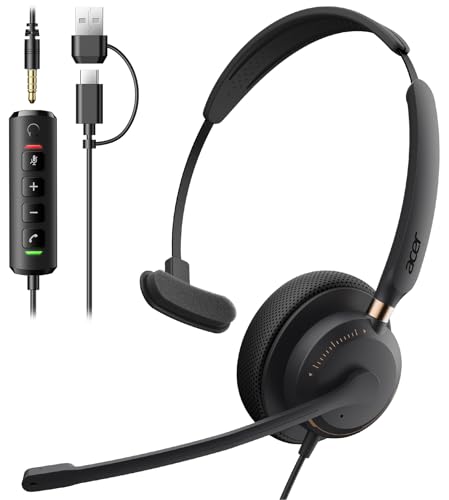 Acer USB Headset with Microphone, Clear Sound Quality for Call ＆ Meetings, Wired Computer Headset for PC Laptop, Single Ear Headset for Office, Work, Teams and Call Center Use - USB-A/C & 3.5mm