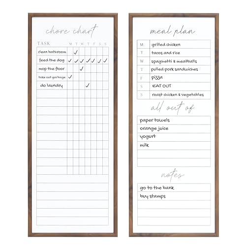 sheffield home set of two family planner dry erase boards featuring, chore chart, shopping list, weekly meal planner and notes, 9x21 inch, natural