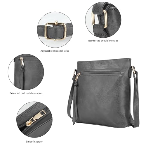 DOB SECHS Umhängetasche aus weichem PU-Leder für Damen, Klein Handtasche mit mehreren Taschen, Crossbody Bag Tasche Schultertasche mit verstellbarer Schultergurt, Grau