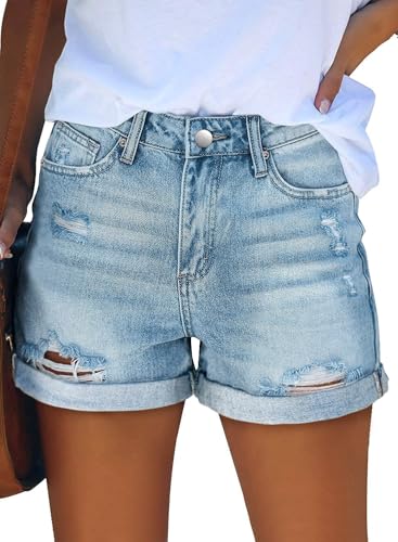 Image of onlypuff Womens Jean Short Cut Off Denim Shorts High Waist Ripped Distressed Stretchy